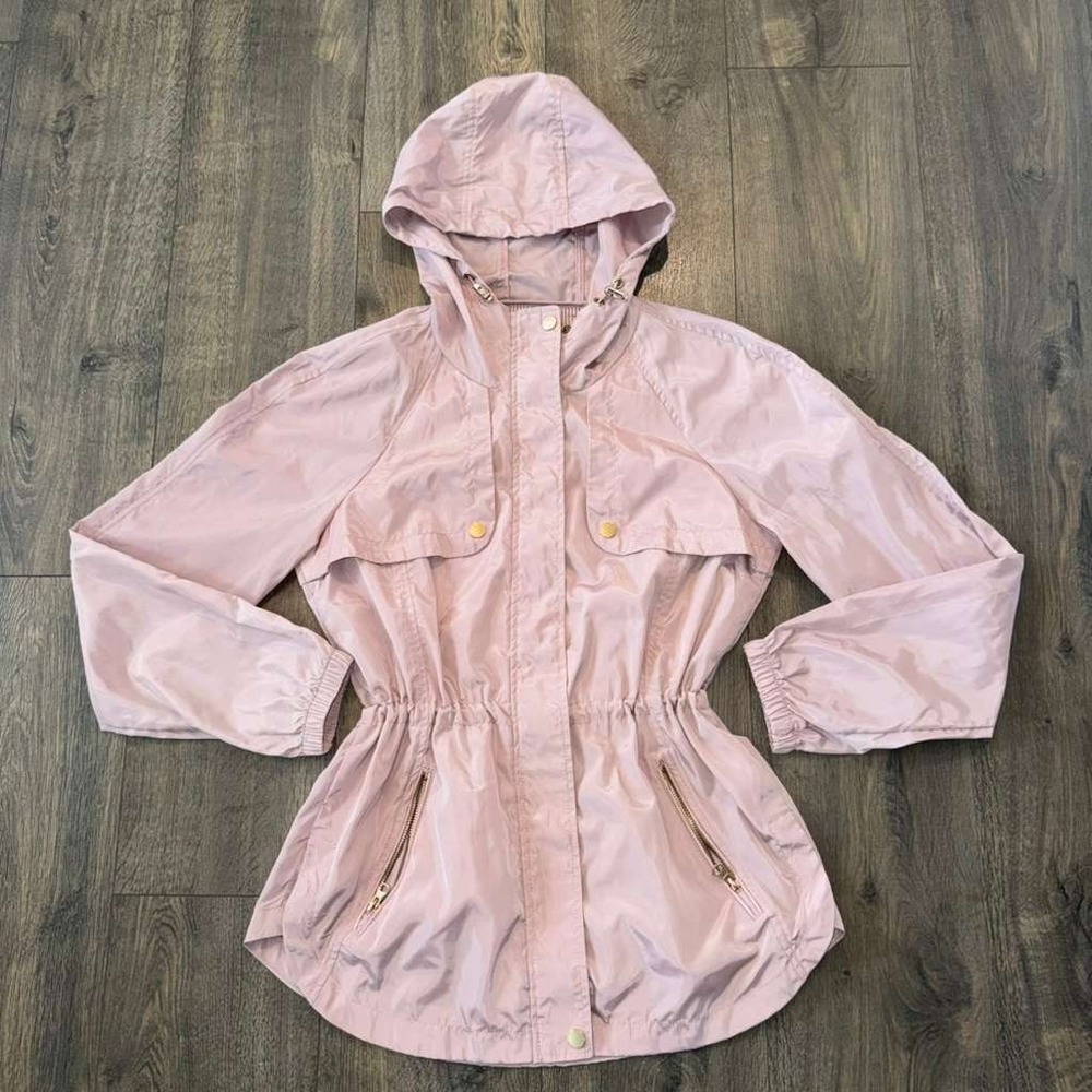 Cavalini Women M Utility Jacket Zipup Gold Button Cinch Waist Field Coat Pink